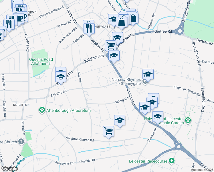 map of restaurants, bars, coffee shops, grocery stores, and more near Ratcliffe Road in Leicester