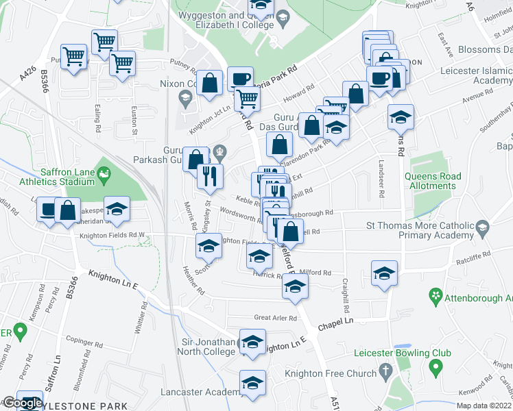 map of restaurants, bars, coffee shops, grocery stores, and more near 2 Keble Road in Leicester