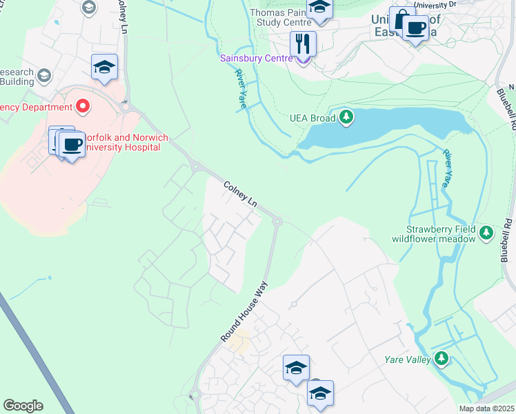 map of restaurants, bars, coffee shops, grocery stores, and more near Colney Lane in Norfolk