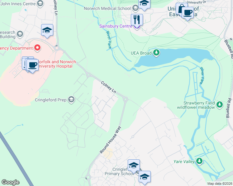 map of restaurants, bars, coffee shops, grocery stores, and more near Colney Lane in Norfolk