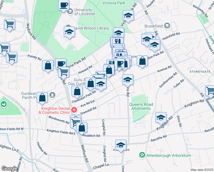 map of restaurants, bars, coffee shops, grocery stores, and more near 59 Bulwer Road in Leicester