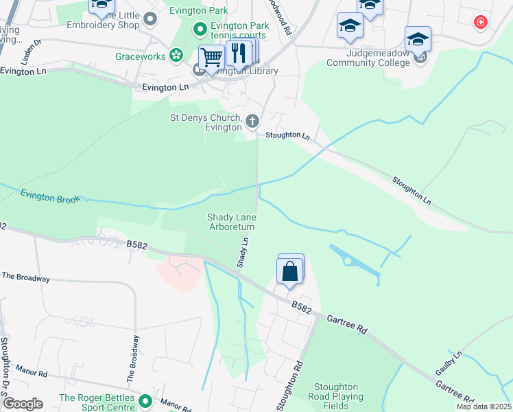 map of restaurants, bars, coffee shops, grocery stores, and more near Shady Lane in Leicester