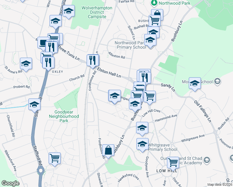 map of restaurants, bars, coffee shops, grocery stores, and more near Ringwood Road in West Midlands