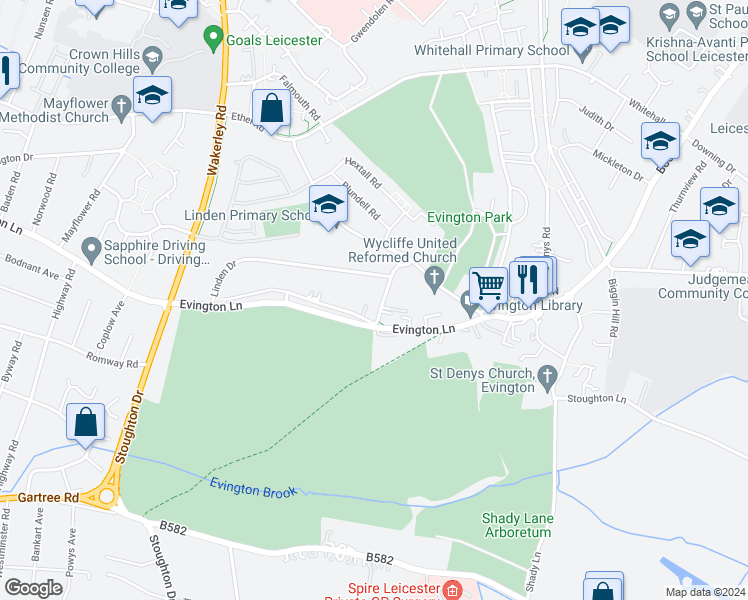 map of restaurants, bars, coffee shops, grocery stores, and more near 2 Hawthorne Drive in Leicester