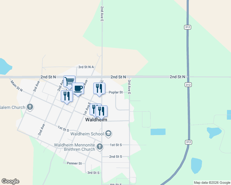 map of restaurants, bars, coffee shops, grocery stores, and more near 214 Poplar Street in Waldheim