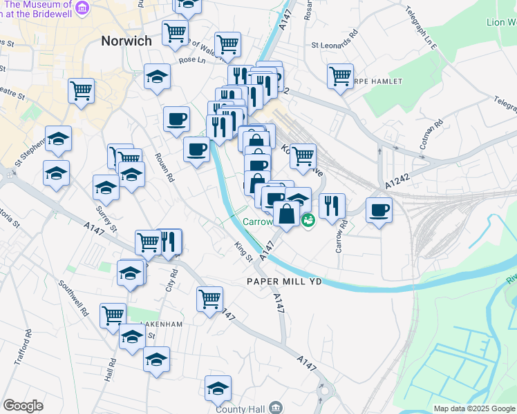 map of restaurants, bars, coffee shops, grocery stores, and more near in Norfolk