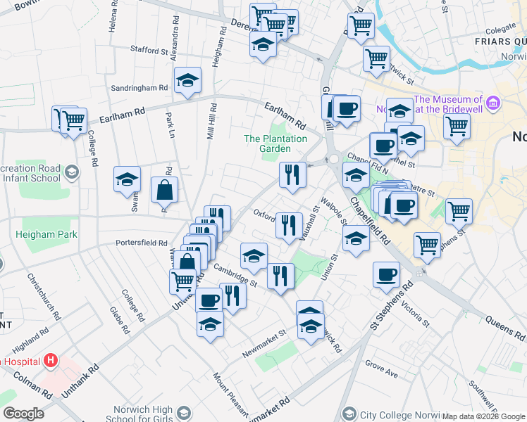 map of restaurants, bars, coffee shops, grocery stores, and more near 2 Oxford Street in Norfolk