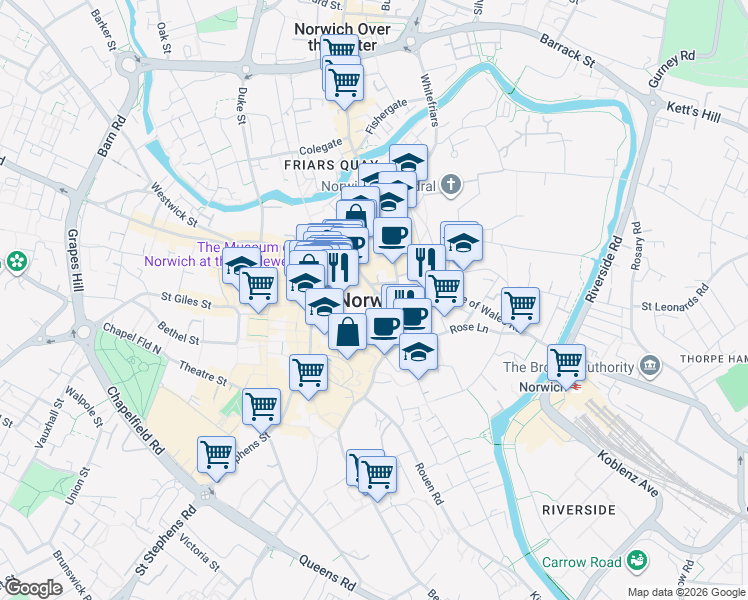 map of restaurants, bars, coffee shops, grocery stores, and more near in Norwich