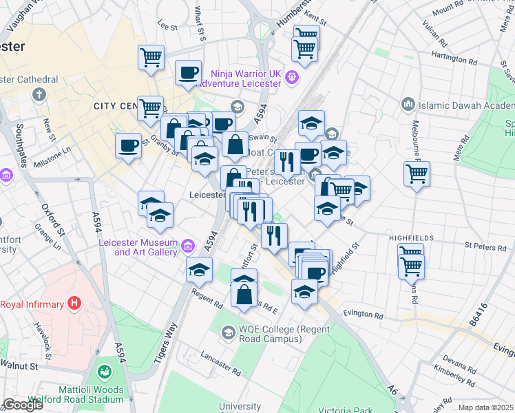 map of restaurants, bars, coffee shops, grocery stores, and more near Conduit Street in Leicester