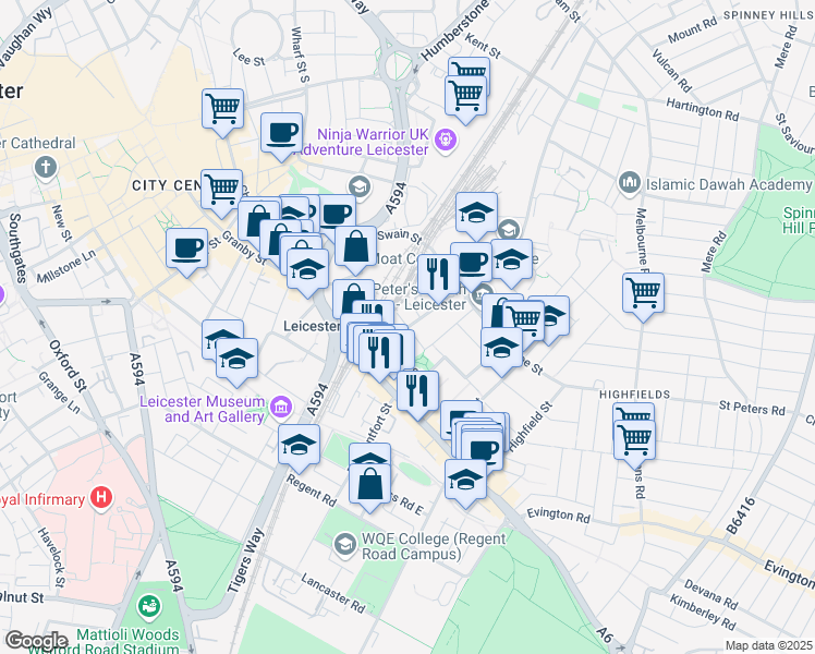 map of restaurants, bars, coffee shops, grocery stores, and more near Conduit Street in Leicester