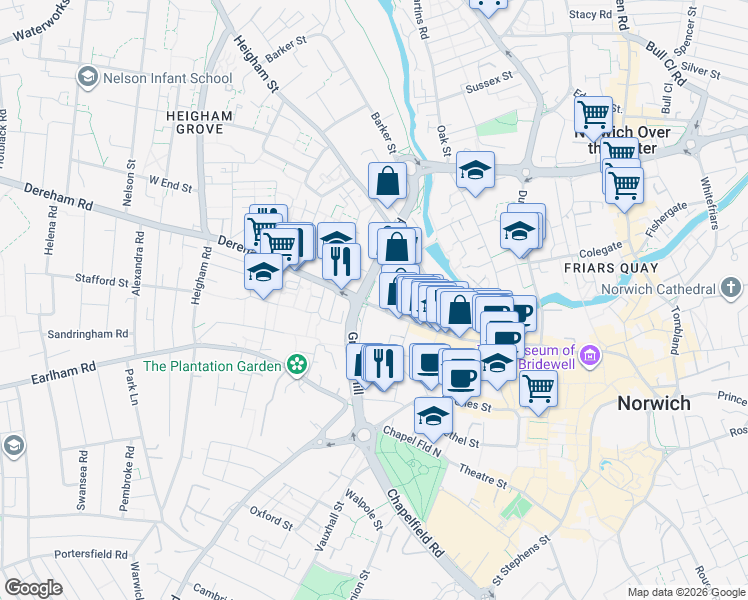 map of restaurants, bars, coffee shops, grocery stores, and more near 71 Saint Benedicts Street in Norfolk