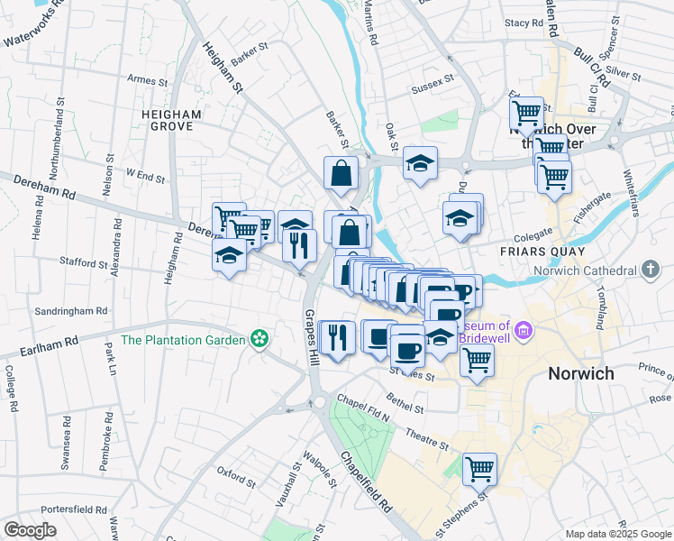 map of restaurants, bars, coffee shops, grocery stores, and more near 71 Saint Benedicts Street in Norfolk
