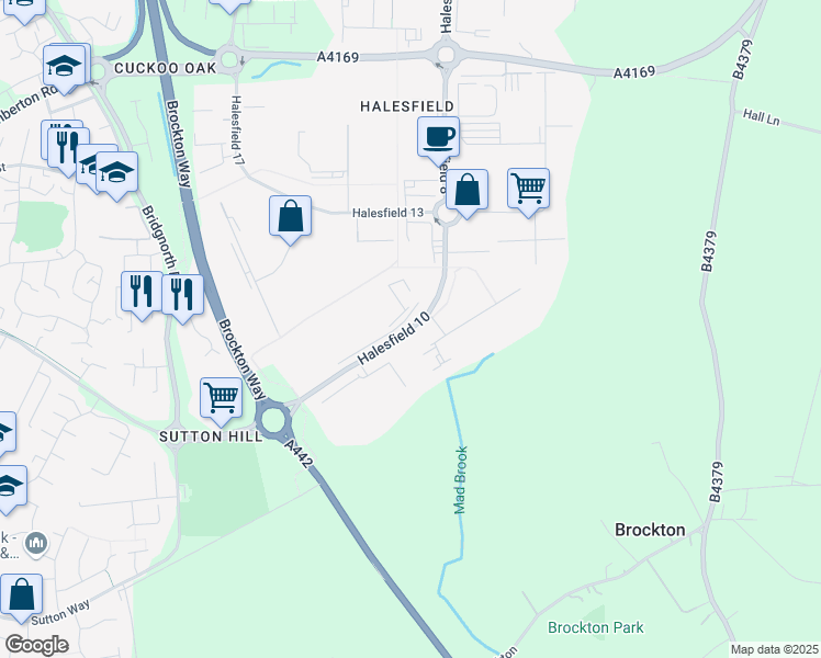 map of restaurants, bars, coffee shops, grocery stores, and more near Halesfield 10 in Telford and Wrekin