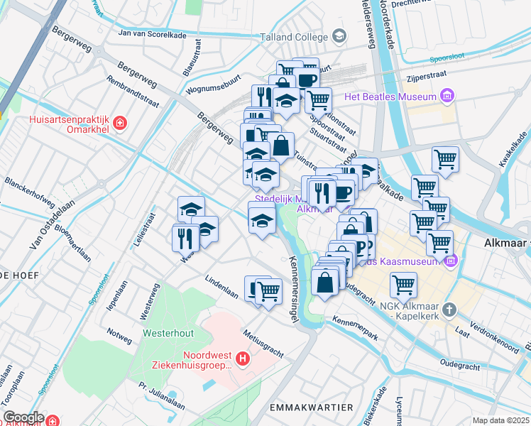 map of restaurants, bars, coffee shops, grocery stores, and more near 13K Geestersingel in Alkmaar
