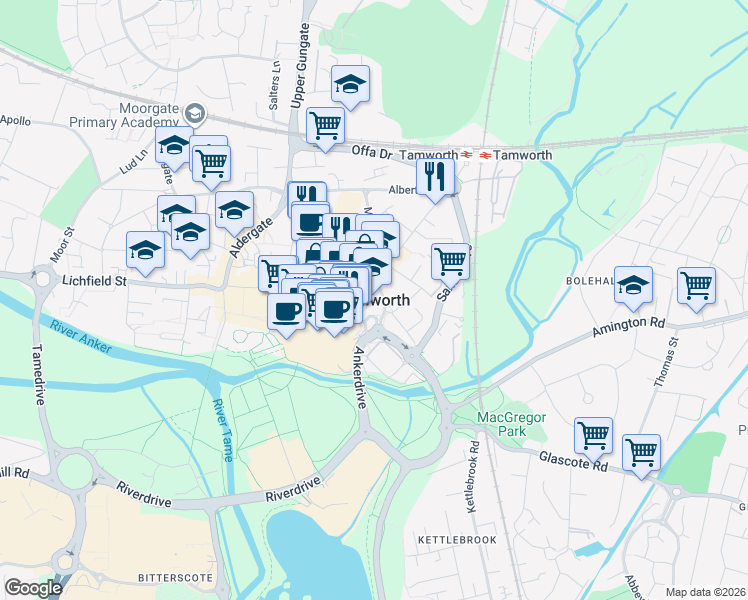map of restaurants, bars, coffee shops, grocery stores, and more near in Tamworth