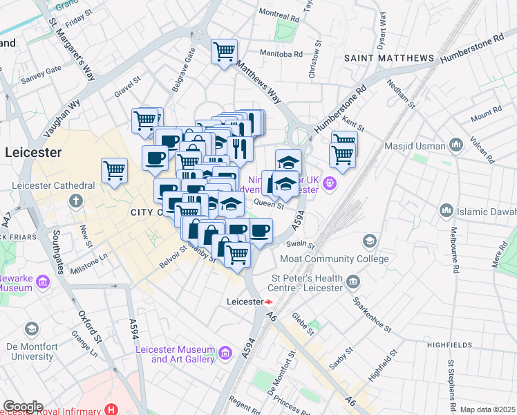 map of restaurants, bars, coffee shops, grocery stores, and more near 21 Queen Street in Leicester