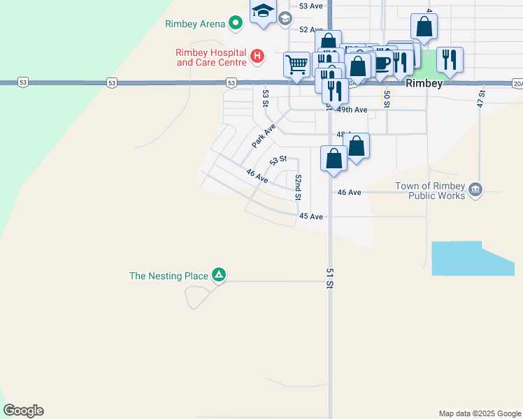 map of restaurants, bars, coffee shops, grocery stores, and more near 5229 45 Avenue in Rimbey