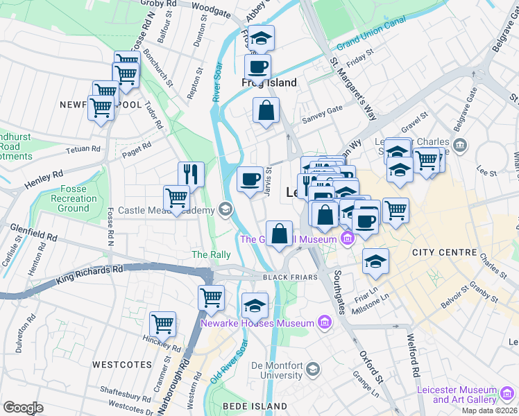 map of restaurants, bars, coffee shops, grocery stores, and more near 75 Bath Lane in Leicester
