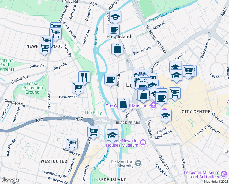 map of restaurants, bars, coffee shops, grocery stores, and more near 75 Bath Lane in Leicester