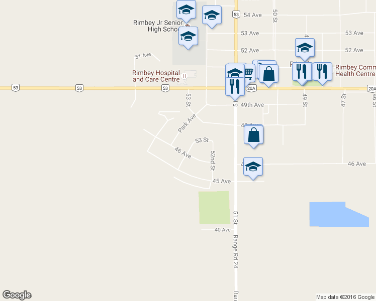 map of restaurants, bars, coffee shops, grocery stores, and more near 4606 53 Street in Rimbey