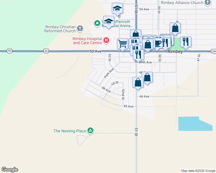 map of restaurants, bars, coffee shops, grocery stores, and more near 4606 53 Street in Rimbey