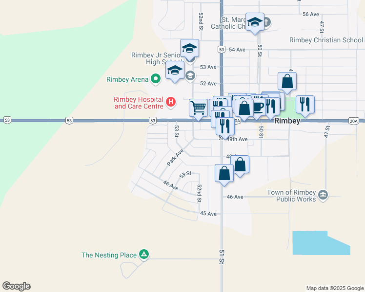 map of restaurants, bars, coffee shops, grocery stores, and more near 4801 Park Avenue in Rimbey