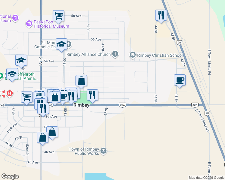 map of restaurants, bars, coffee shops, grocery stores, and more near 4626 51 Avenue in Rimbey