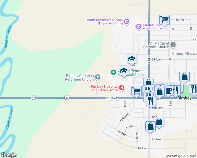 map of restaurants, bars, coffee shops, grocery stores, and more near 5501 51 Avenue in Rimbey