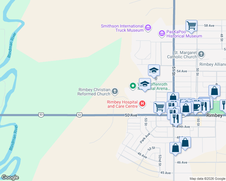 map of restaurants, bars, coffee shops, grocery stores, and more near 5501 51 Avenue in Rimbey