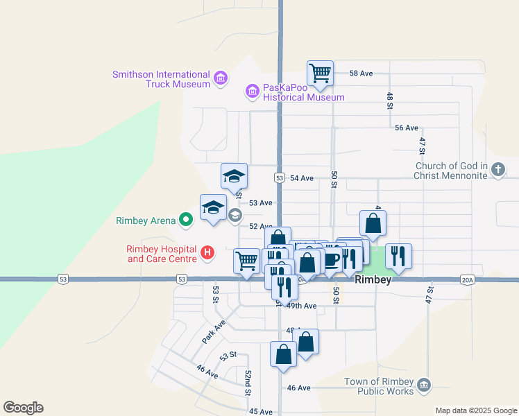map of restaurants, bars, coffee shops, grocery stores, and more near 5117 53 Avenue in Rimbey