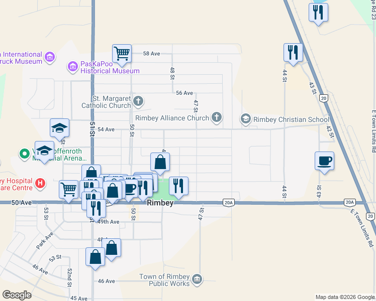 map of restaurants, bars, coffee shops, grocery stores, and more near 4709 53 Avenue in Rimbey