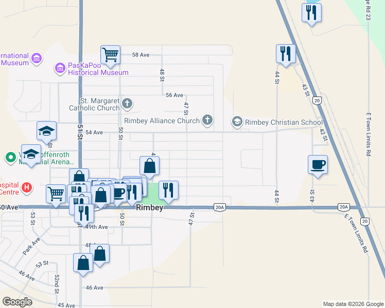 map of restaurants, bars, coffee shops, grocery stores, and more near 4641 53 Avenue in Rimbey