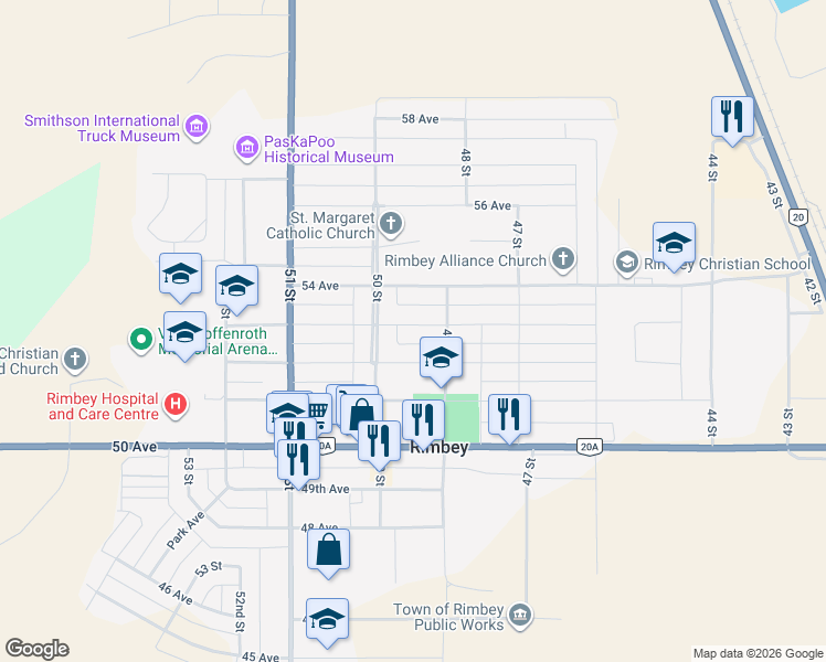 map of restaurants, bars, coffee shops, grocery stores, and more near 4921 53 Avenue in Rimbey