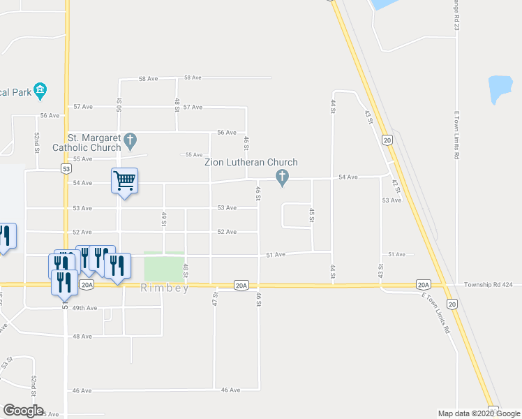 map of restaurants, bars, coffee shops, grocery stores, and more near 5221 46 Street in Rimbey