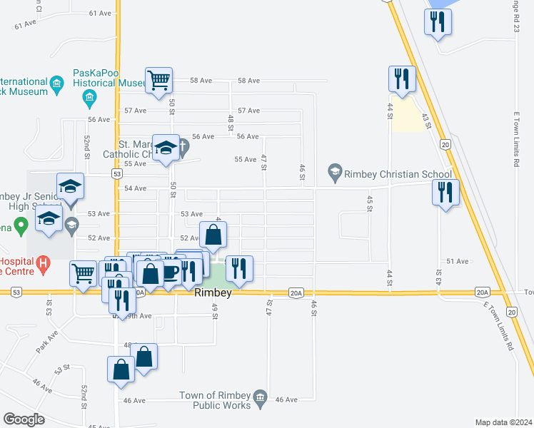 map of restaurants, bars, coffee shops, grocery stores, and more near 4645 53 Avenue in Rimbey