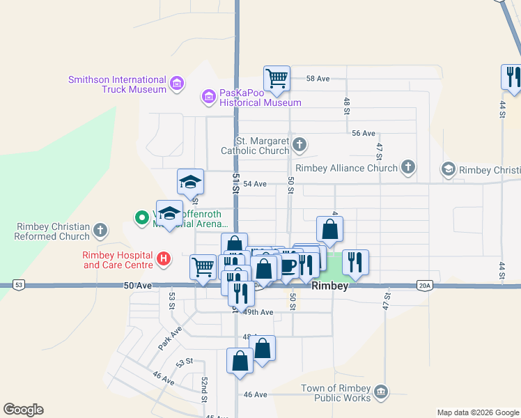 map of restaurants, bars, coffee shops, grocery stores, and more near 5025 53 Avenue in Rimbey