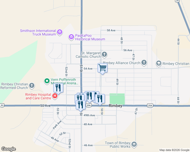 map of restaurants, bars, coffee shops, grocery stores, and more near 5025 53 Avenue in Rimbey