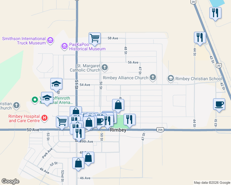 map of restaurants, bars, coffee shops, grocery stores, and more near 4921 53 Avenue in Rimbey