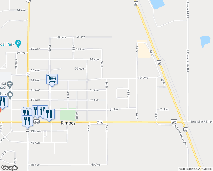 map of restaurants, bars, coffee shops, grocery stores, and more near 5311 46 Street in Rimbey