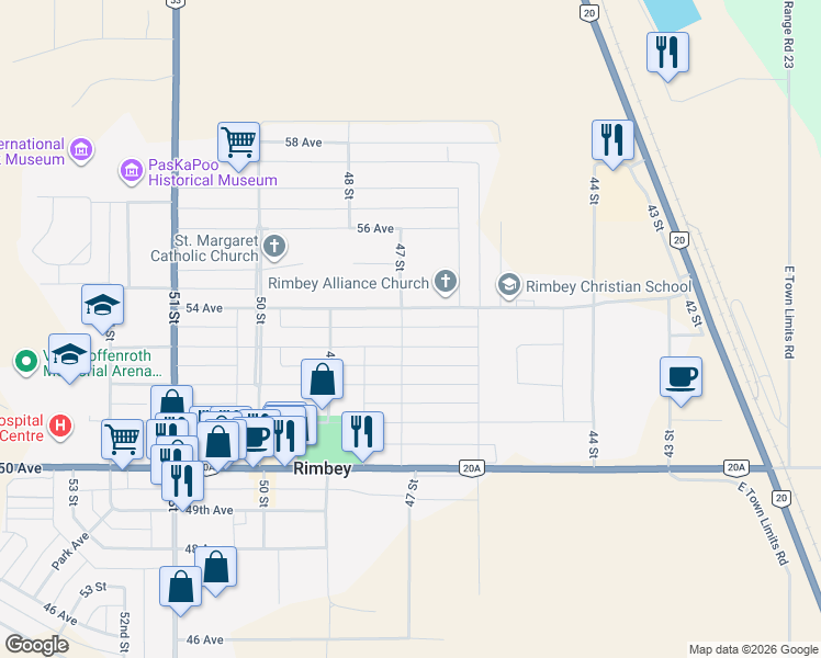 map of restaurants, bars, coffee shops, grocery stores, and more near 4641 53 Avenue in Rimbey