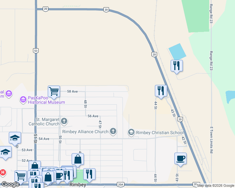 map of restaurants, bars, coffee shops, grocery stores, and more near 4621 58 Avenue in Rimbey
