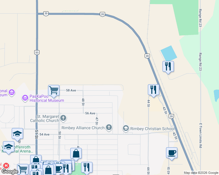 map of restaurants, bars, coffee shops, grocery stores, and more near 4621 58 Avenue in Rimbey
