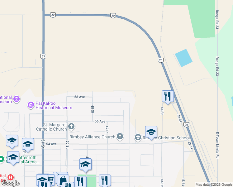 map of restaurants, bars, coffee shops, grocery stores, and more near 4621 58 Avenue in Rimbey