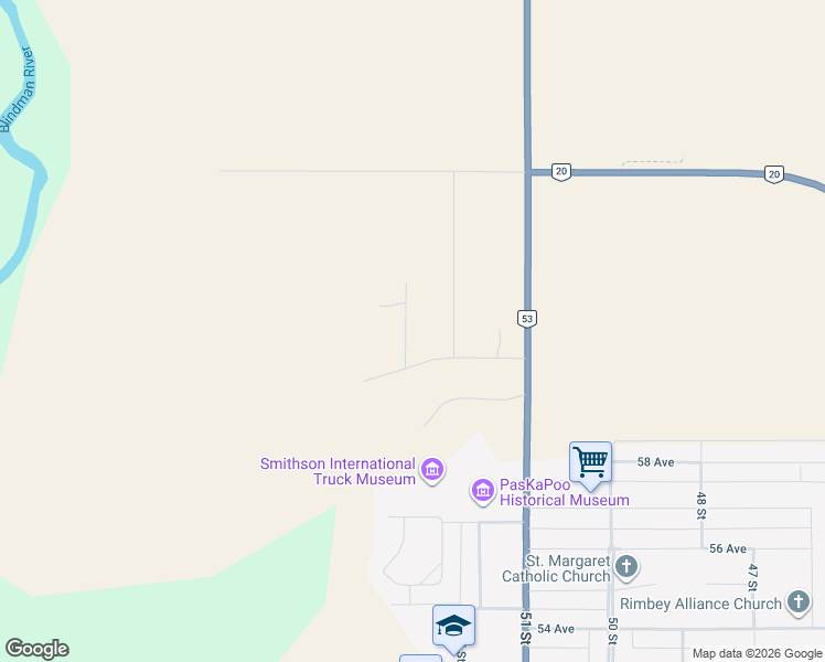 map of restaurants, bars, coffee shops, grocery stores, and more near 6125 Evergreen Close in Rimbey