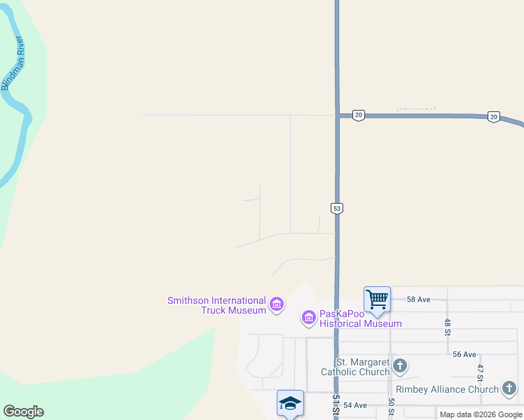 map of restaurants, bars, coffee shops, grocery stores, and more near 6125 Evergreen Close in Rimbey