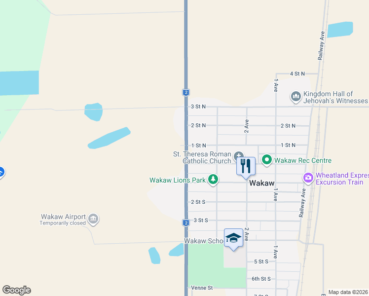 map of restaurants, bars, coffee shops, grocery stores, and more near 412 2 Street North in Wakaw