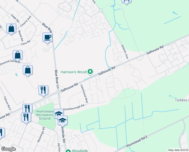 map of restaurants, bars, coffee shops, grocery stores, and more near Salhouse Road in Norfolk