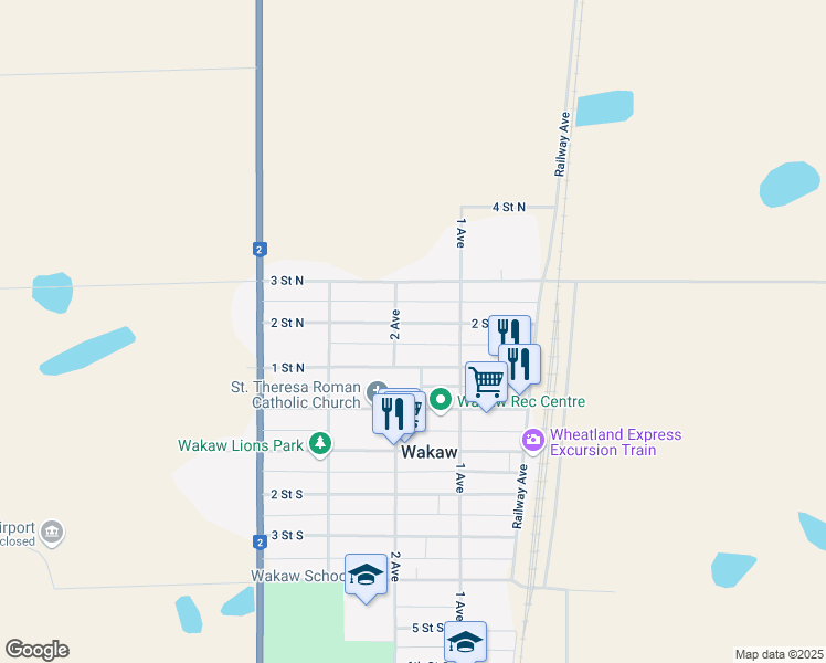 map of restaurants, bars, coffee shops, grocery stores, and more near 215 2 Street North in Wakaw