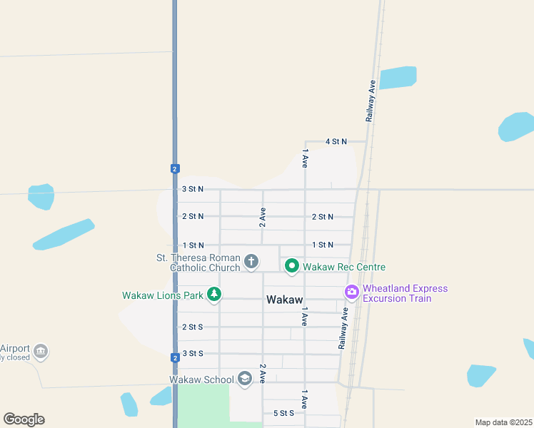 map of restaurants, bars, coffee shops, grocery stores, and more near 215 2 Street North in Wakaw