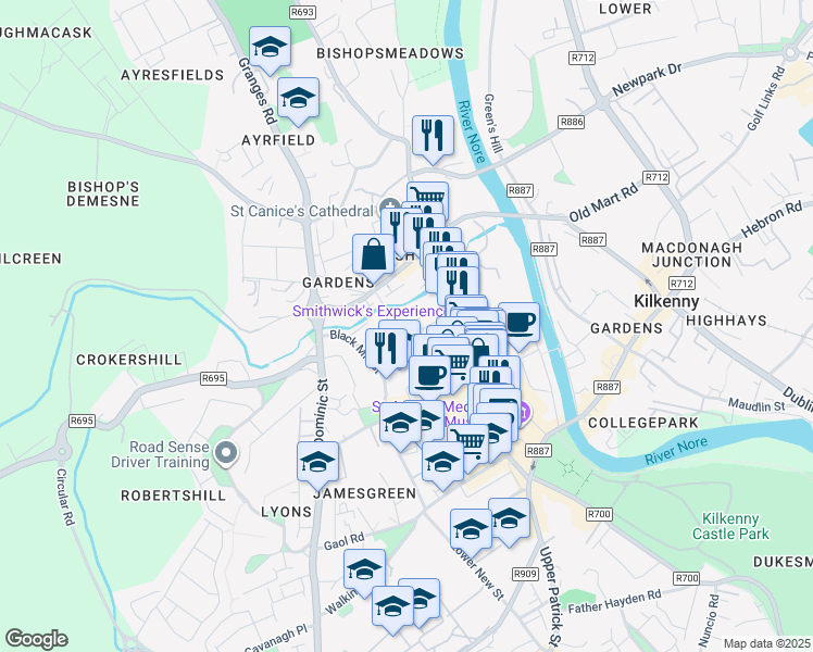 map of restaurants, bars, coffee shops, grocery stores, and more near Abbey Street in Kilkenny